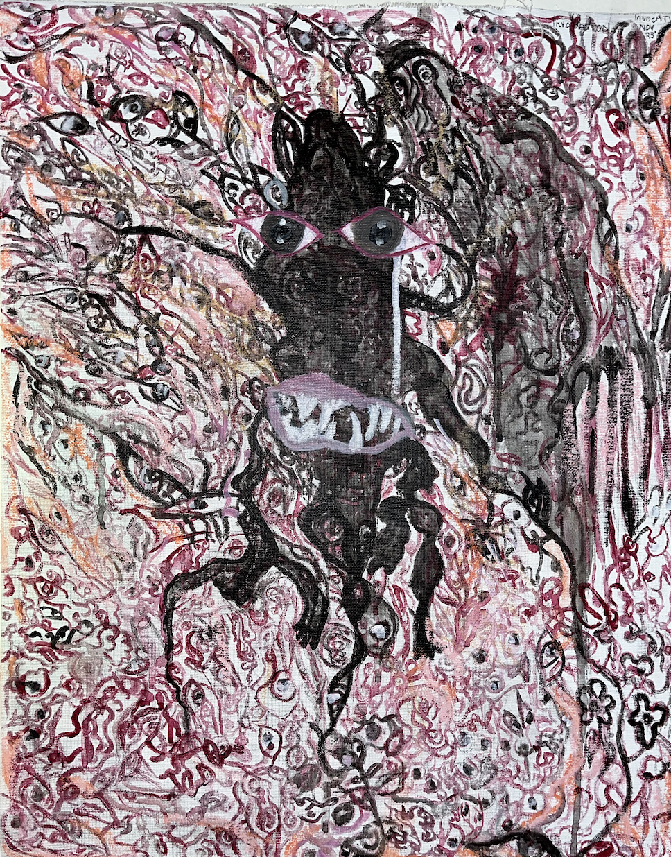 abstractive portrait of kafka-esque roach; acrylic, oil pastel and sidewalk chalk on canvas