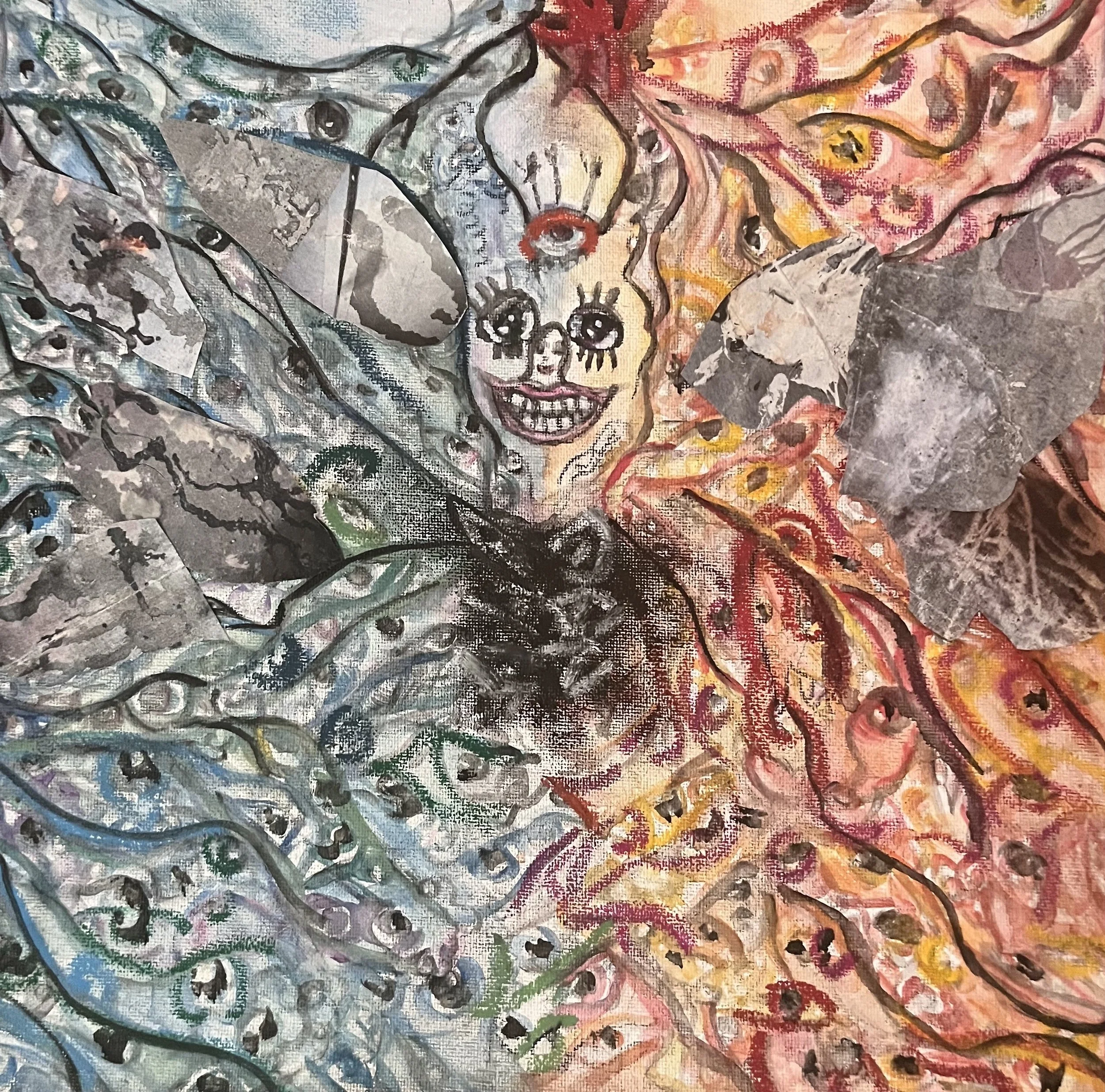 exercise in symmetry and composition of surrealist portraiture; oil pastel, watercolor, and paper collage on canvas