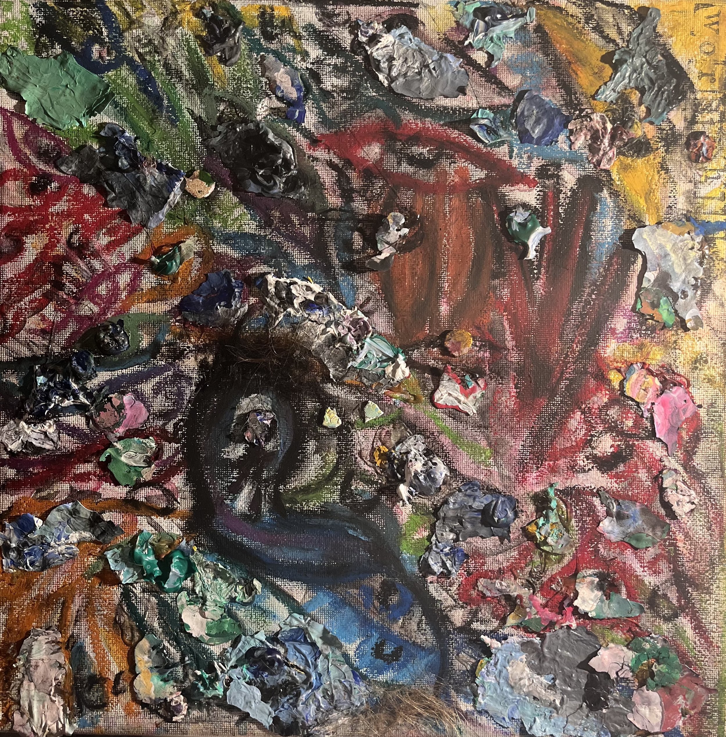 playing with textures and mixed media; oil pastel, watercolor, dried acrylic paint chips, and the artist's hair on canvas