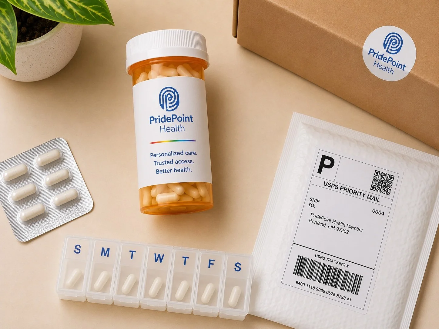 PridePoint Health medication bottle, blister pack of capsules labeled with days of the week, a package with shipping label, a small plant, and a cardboard box.