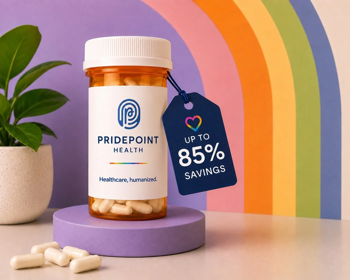 A bottle of PridePoint Health supplements with a tag indicating up to 85% savings. The bottle is on a purple stand next to a leafy plant and a colorful rainbow background.