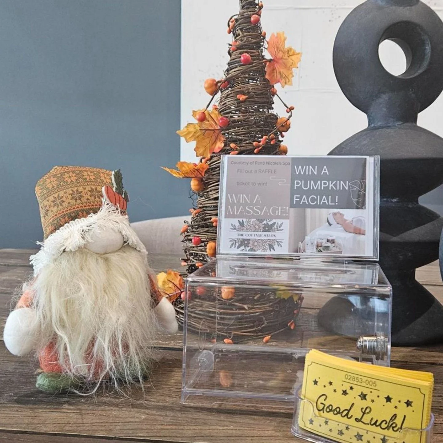🎫 Ready for a Raffle?! Brought to you by our new neighbor @renenicoles  at @cottagesalonspa ! Stop by the office and fill out a raffle ticket to place in the box for her to collect and pick 1 lucky winner 🏆️ for either a Massage or Pumpkin Facial a