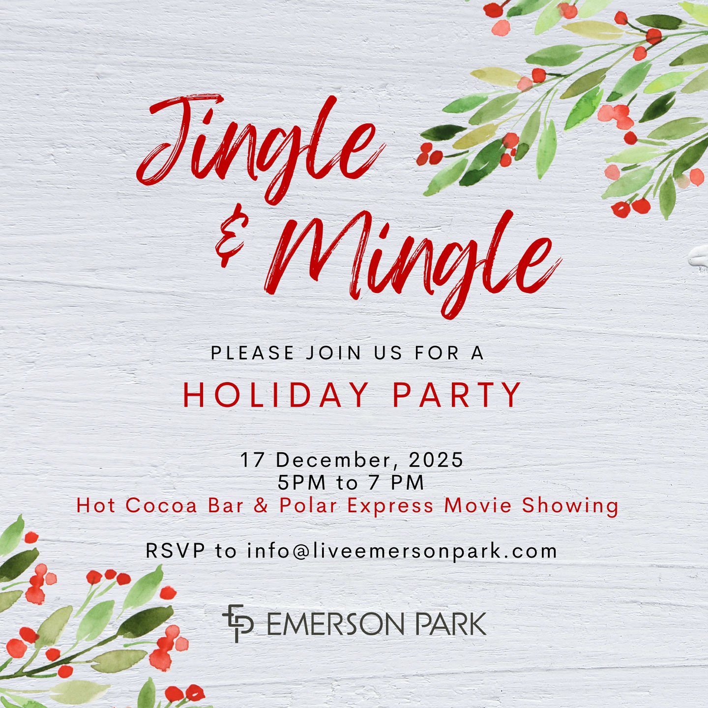 ✨ Join us for a cozy holiday evening! ✨
📅Come by Wednesday, December 17th from 5&ndash;7 PM for a Hot Cocoa Bar and a screening of The Polar Express. 
Pajamas encouraged (but not required!)
Please RSVP by December 16th at info@liveemersonpark.com so