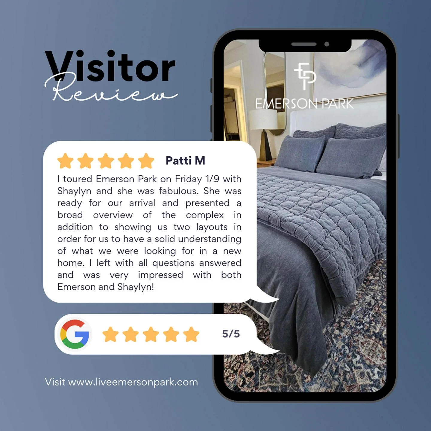 ⭐️ We love hearing about great tour experiences at Emerson Park too! Already visited? Drop us a review&mdash;we&rsquo;d love to hear what you think.

#apartmentliving #residentreviews #lovewhereyoulive #westervilleohio #614living #testimonialthursday