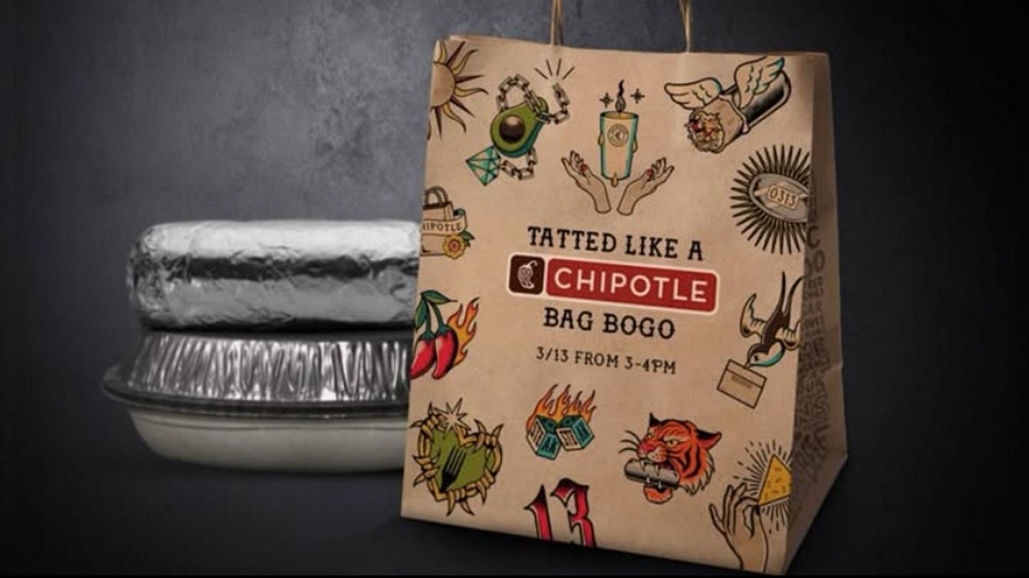 🚨 ATTENTION CHIPOTLE LOVERS 🚨
On Friday, March 13, from 3 to 4 p.m. local time, Chipotle will offer a &ldquo;flash&rdquo; one-hour BOGO for fans who are "tatted like a Chipotle bag&rdquo; 
Luckily our community is just 5 minutes from the New A