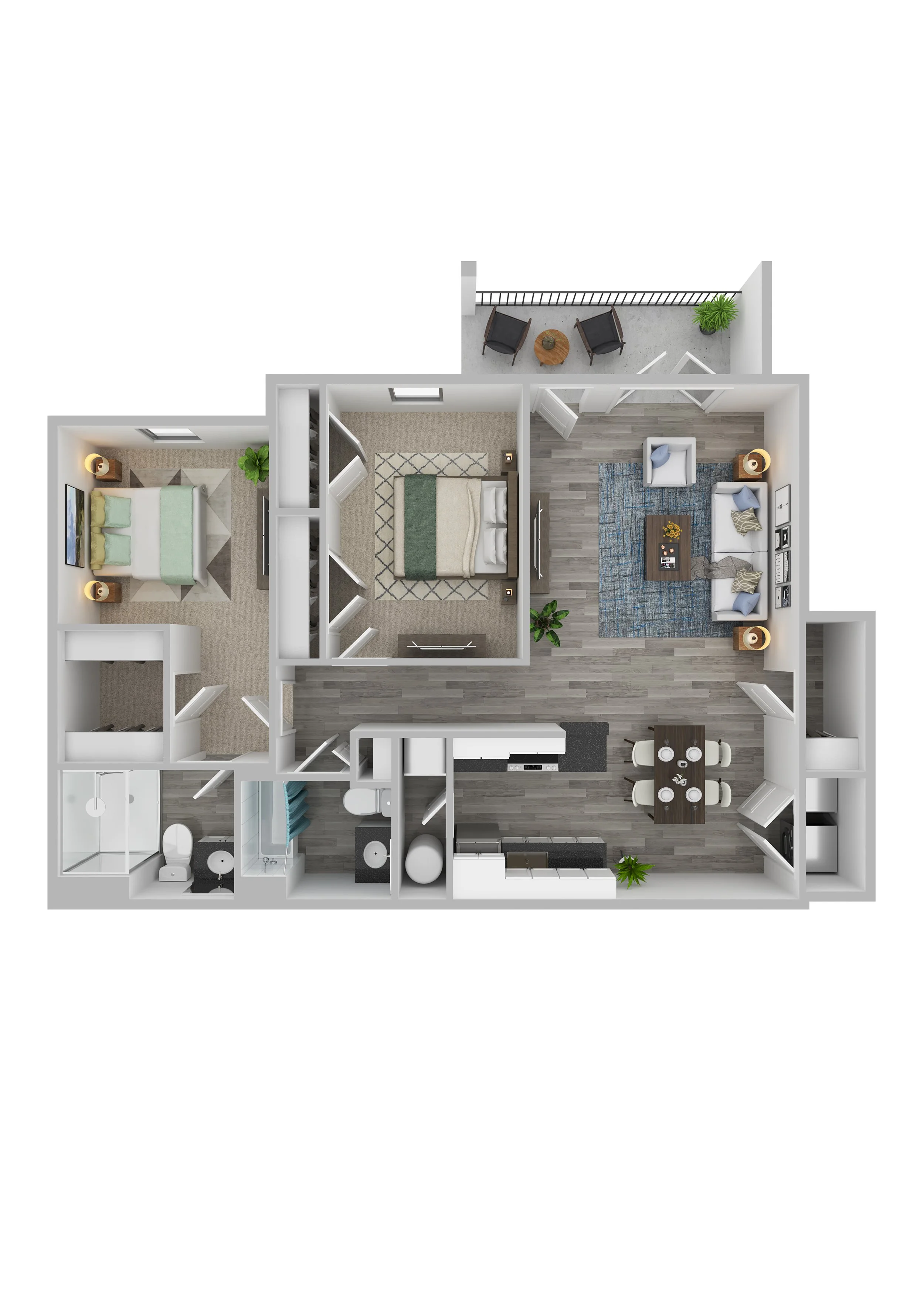 3D floor plan of a modern apartment with 2 bedrooms, a living room, kitchen, dining area, bathroom, and a balcony with outdoor seating and potted plants.