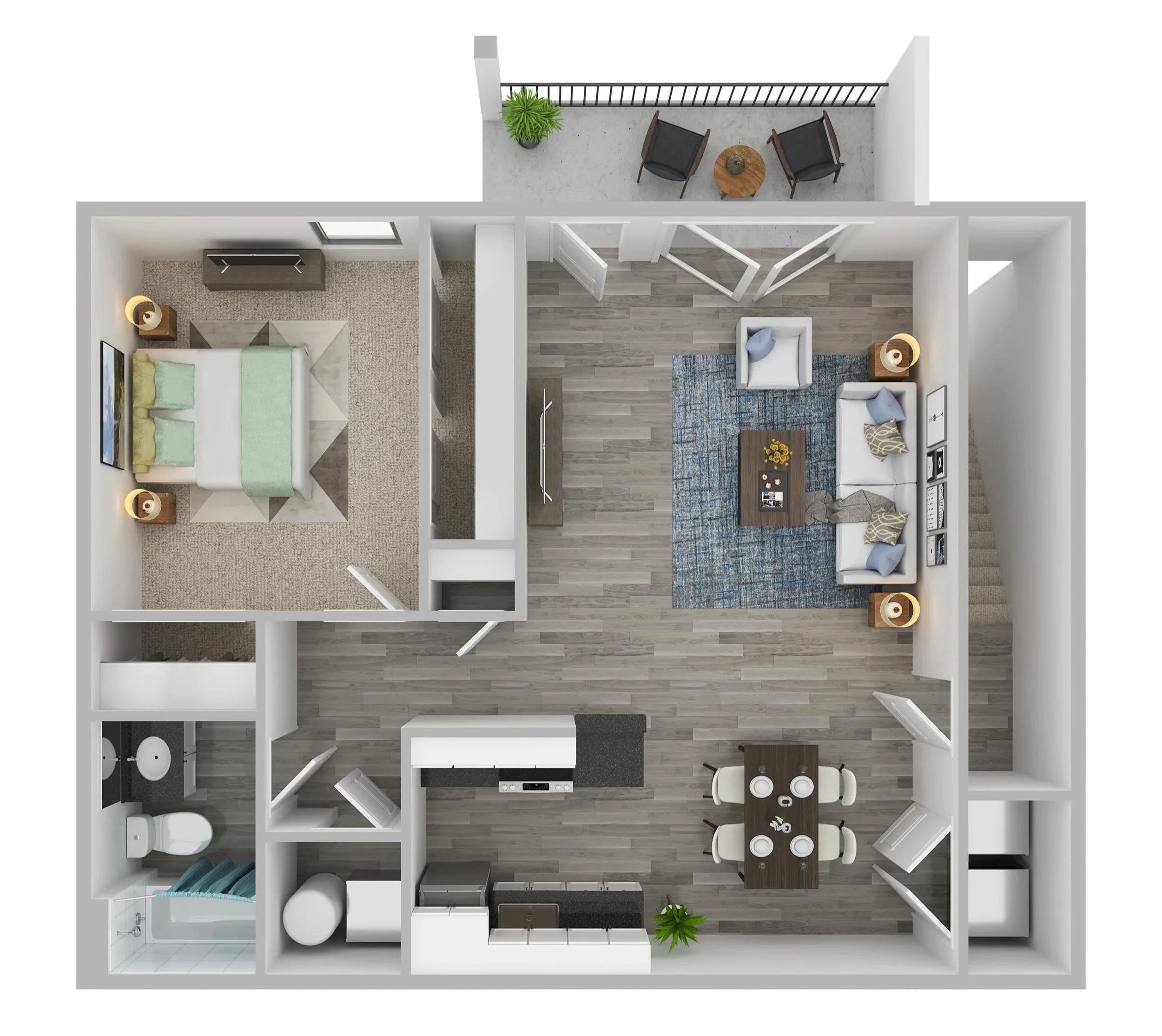 Top-down view of a modern apartment layout with a bedroom, bathroom, living room, kitchen, and balcony with two chairs, a small table, and a potted plant.