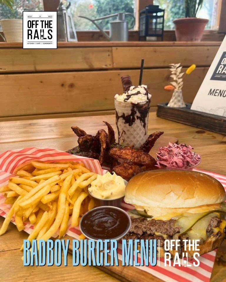 🔥 The Bad Boy Burger Menu 🔥

Bold burgers, filthy fries, saucy wings, cheeky sides and freakshakes that go wayyyy over the top &mdash; this is the menu that keeps the Off The Rails chaos alive and kicking.

🍔 BAD BOYS
Our signature troublemakers. 