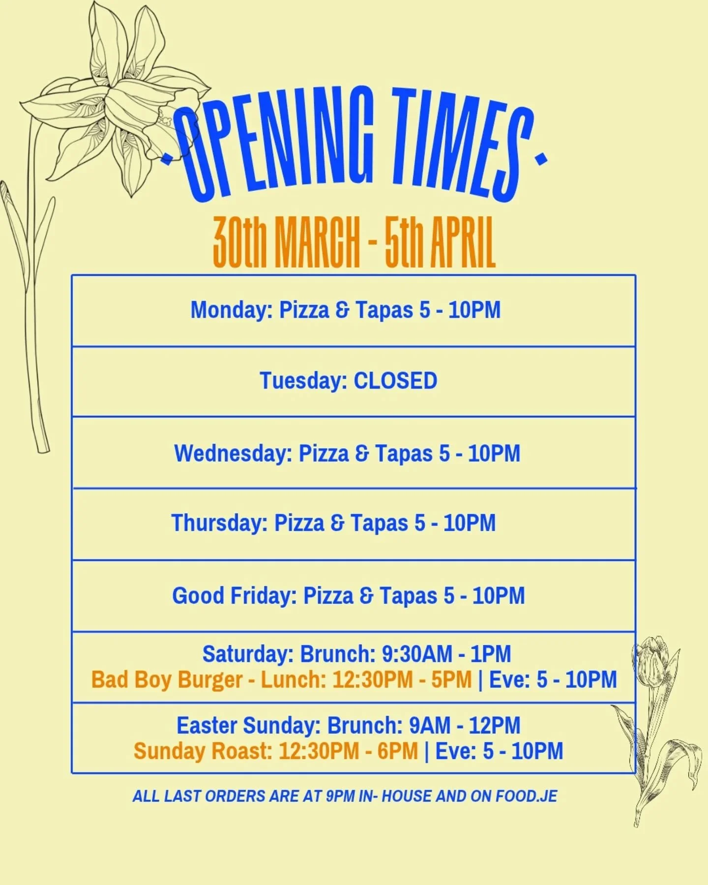 Off the Rails Opening hours 30th March - 25th April 26. 

Book your table now: offtherailsjersey.com