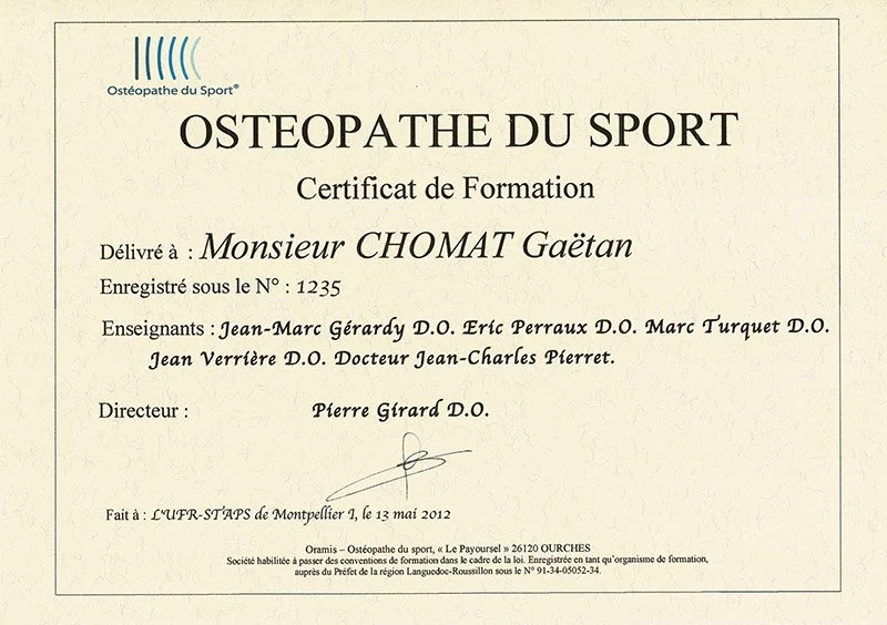 Certificat d'Osteopata de l'Esport de Gaëtan Chomat, especialitzat en l'ús de l'ecògraf Esaote MyLab Gamma.