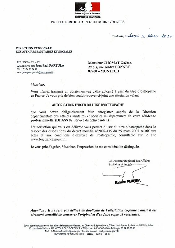 Autorització oficial del Govern de FRANCIA  per a l'exercici de la professió de fisioterapeuta i osteòpata.