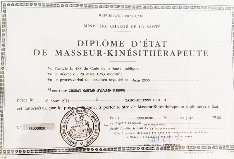Diploma d'Estat de Masseur-Kinésithérapeute de Gaëtan Chomat, fisioterapeuta col·legiat a Andorra.