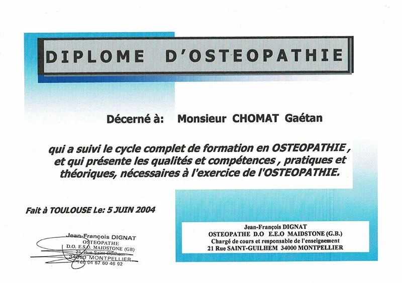 Diploma oficial d'Osteopatia de Gaëtan Chomat, professional amb rigor científic a Sant Julià de Lòria.