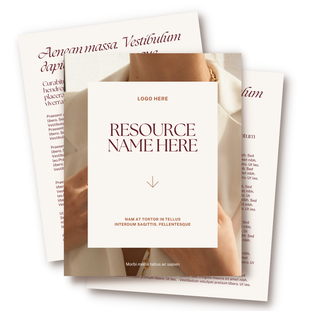 A set of marketing or informational brochures with a central card that says "Resource Name Here" and a placeholder for a logo at the top, surrounded by two other pages showing text and a woman in a white blazer with a gold necklace.