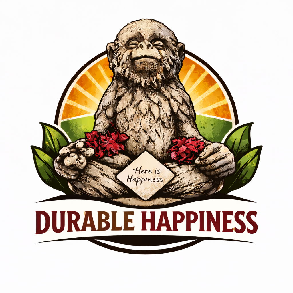 A statue of a monkey holding red flowers with a sign that reads 'Here is Happiness', set against a background with an orange sunburst and green leaves. Text at the bottom says 'DURABLE HAPPINESS'.