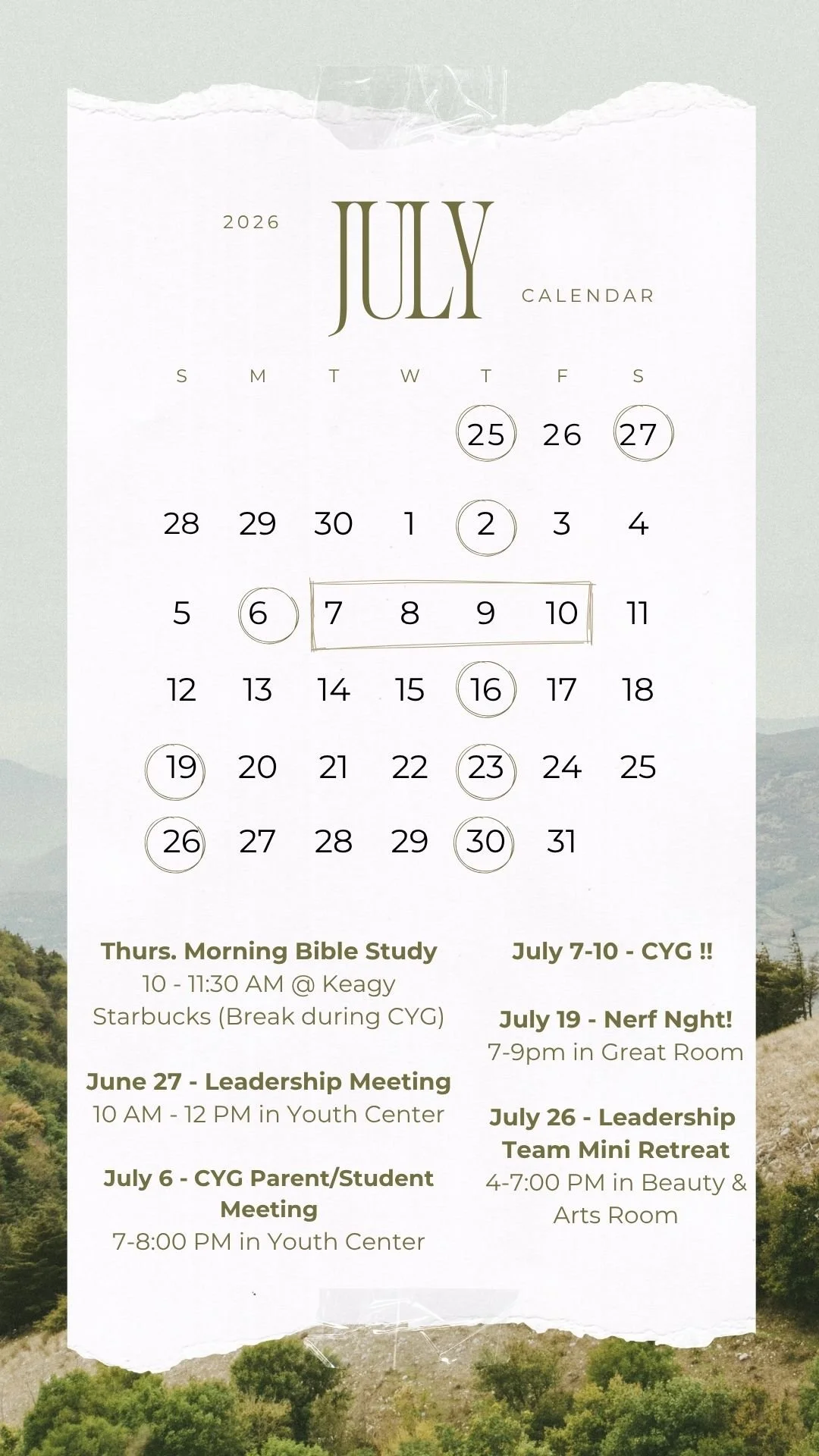 A July 2026 calendar highlighting specific dates, with additional event information and schedule details written below.