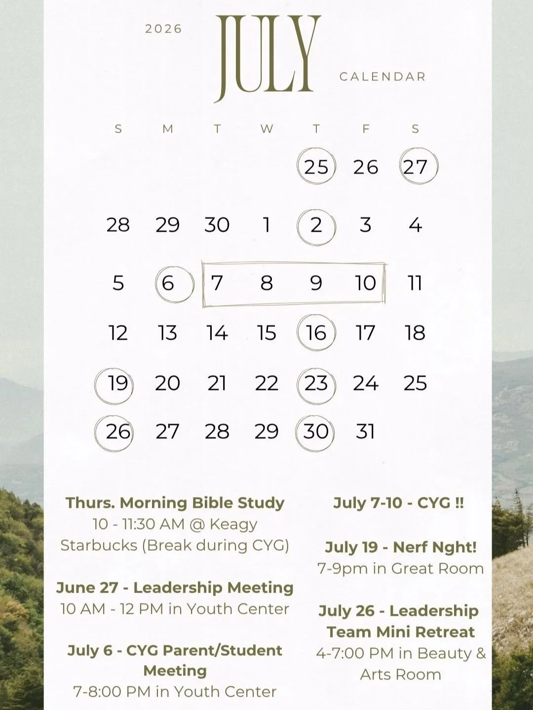 July 2026 calendar page with highlighted dates and upcoming event details, including Bible study and leadership meetings.