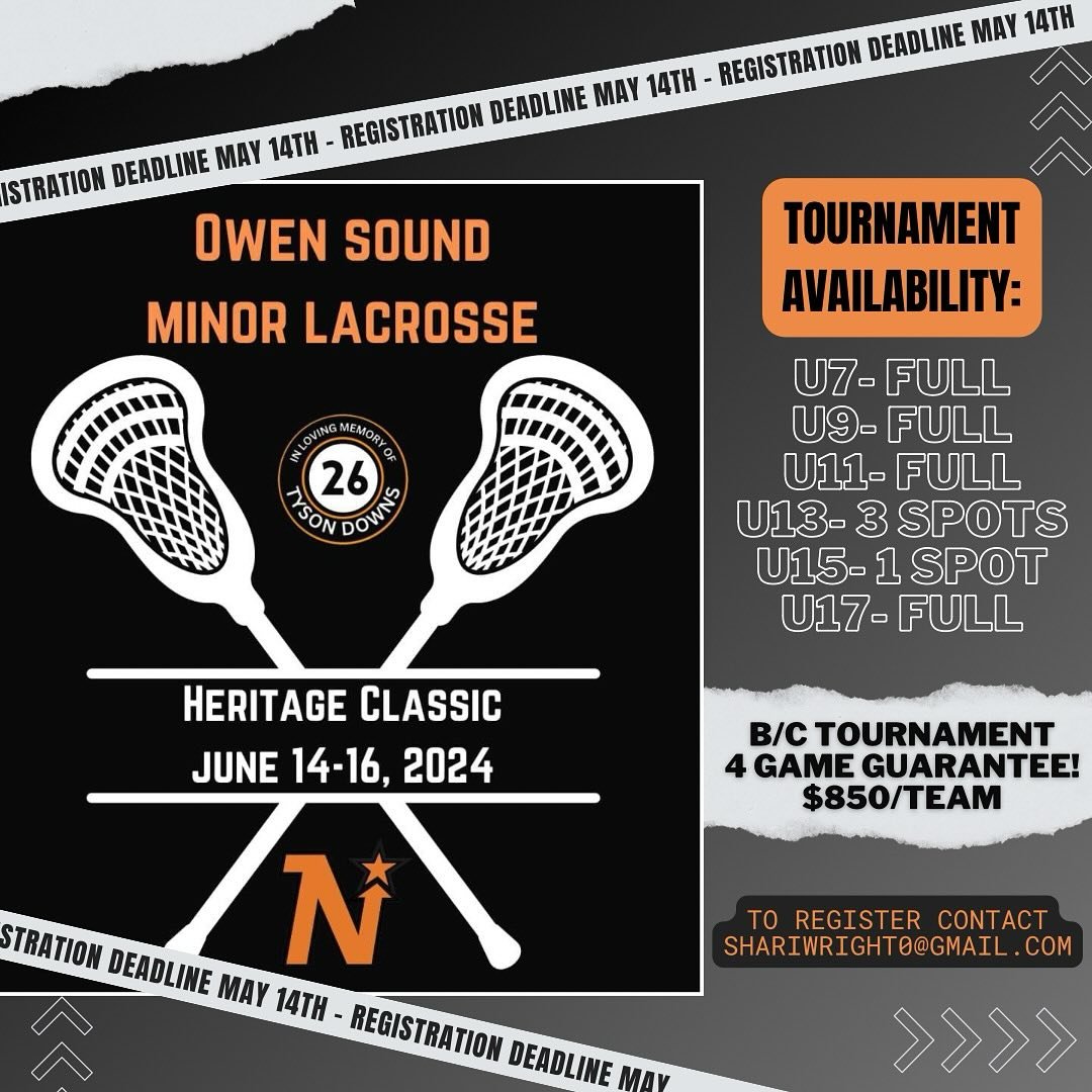 ATTENTION U13 TEAMS! Join us for the Heritage Classic Tournament June 14-16th in Owen Sound! B/C Tournament, 4 game guarantee! One space also still available for a U15 team to join! Reach out to shariwright0@gmail.com to register! Registration closes