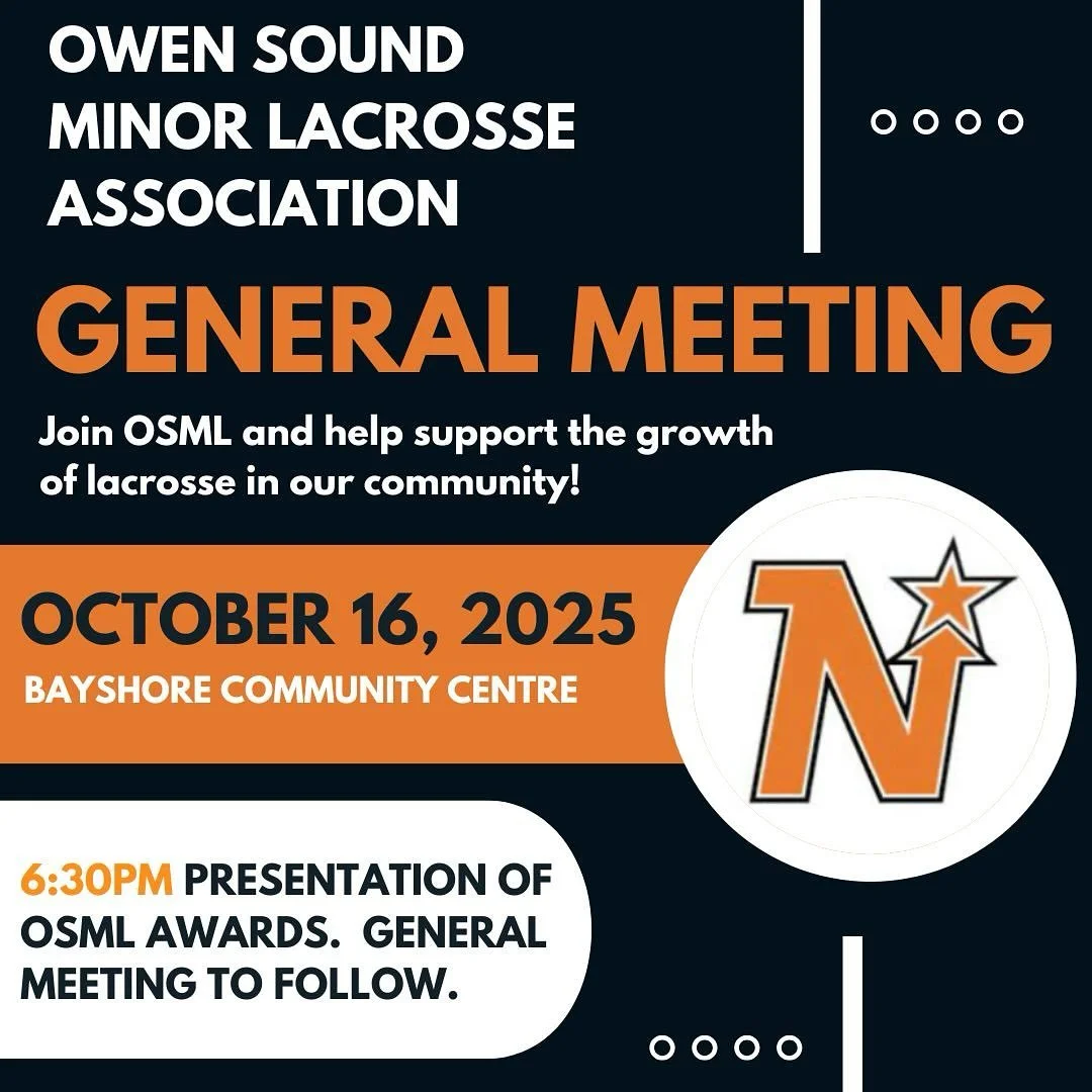 📢 Owen Sound Minor Lacrosse &ndash; General Meeting 📢

🗓 Date: Wednesday, October 16th
📍 Location: Bayshore Community Centre

🏆 Awards Ceremony: 6:30 PM
📋 General Meeting to Follow

✨ Positions up for election:
	&bull;	VP of Box
	&bull;	VP of G
