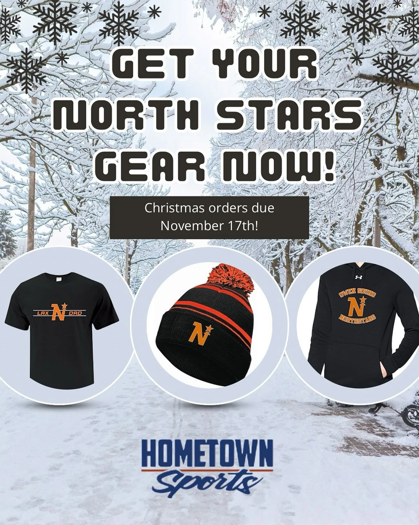 ⭐️Gear Up, North Stars! ⭐️
🎁 Order by Nov 17 @ 10 AM for Christmas delivery! ⏰

📍 Pick-up: Hometown Sports Excellence
1063 2nd Ave E, Owen Sound

🌟Hoodies, 👕 Tees, 🧢 Hats &amp; more!
Players, families, fans &mdash; show your 🧡🖤North Stars prid