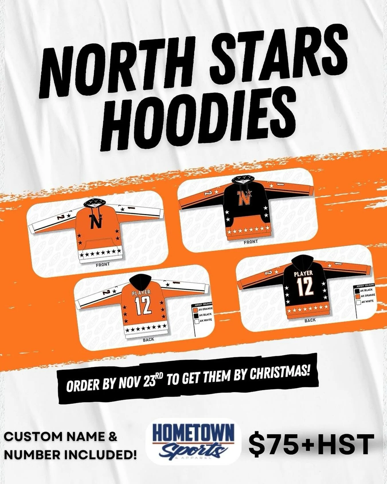 Get your custom North Stars jersey hoodies from Home Town Sports! ⭐️🥍
Each hoodie is $75 + HST and includes your custom name and number at no extra cost.

🛒 Order here: https://northstarsjerseyhoodie2025.itemorder.com/shop/sale/
🎄 Order by Novembe