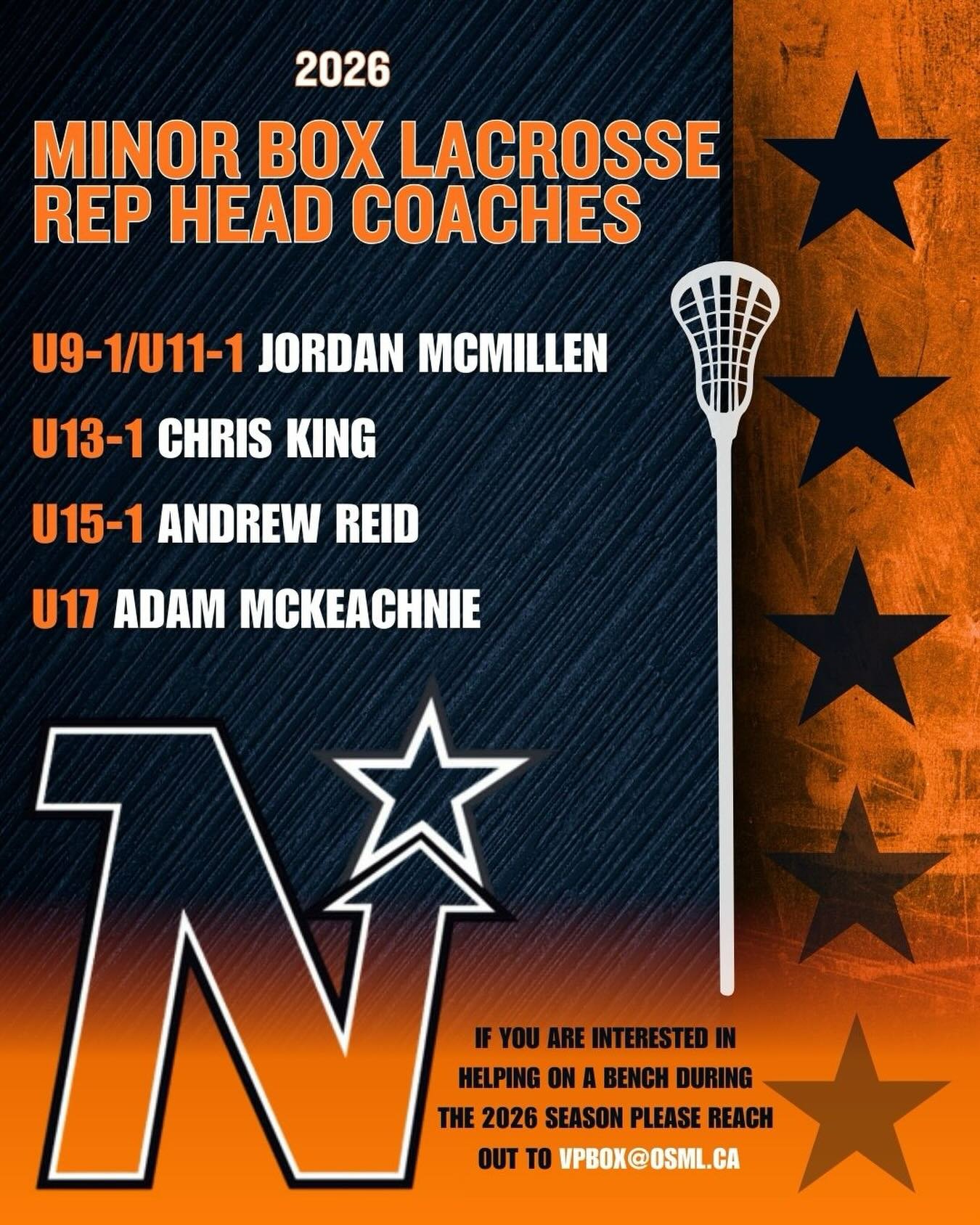 🥍⭐ 2026 North Stars Minor Box Lacrosse Rep Head Coaches! ⭐🥍

🥍 U9-1 / U11-1: Jordan McMillen
🥍 U13-1: Chris King
🥍 U15-1: Andrew Reid
🥍 U17-1: Adam McKeachnie

Interested in helping on a bench during the 2026 season? Please reach out to vpbox@o