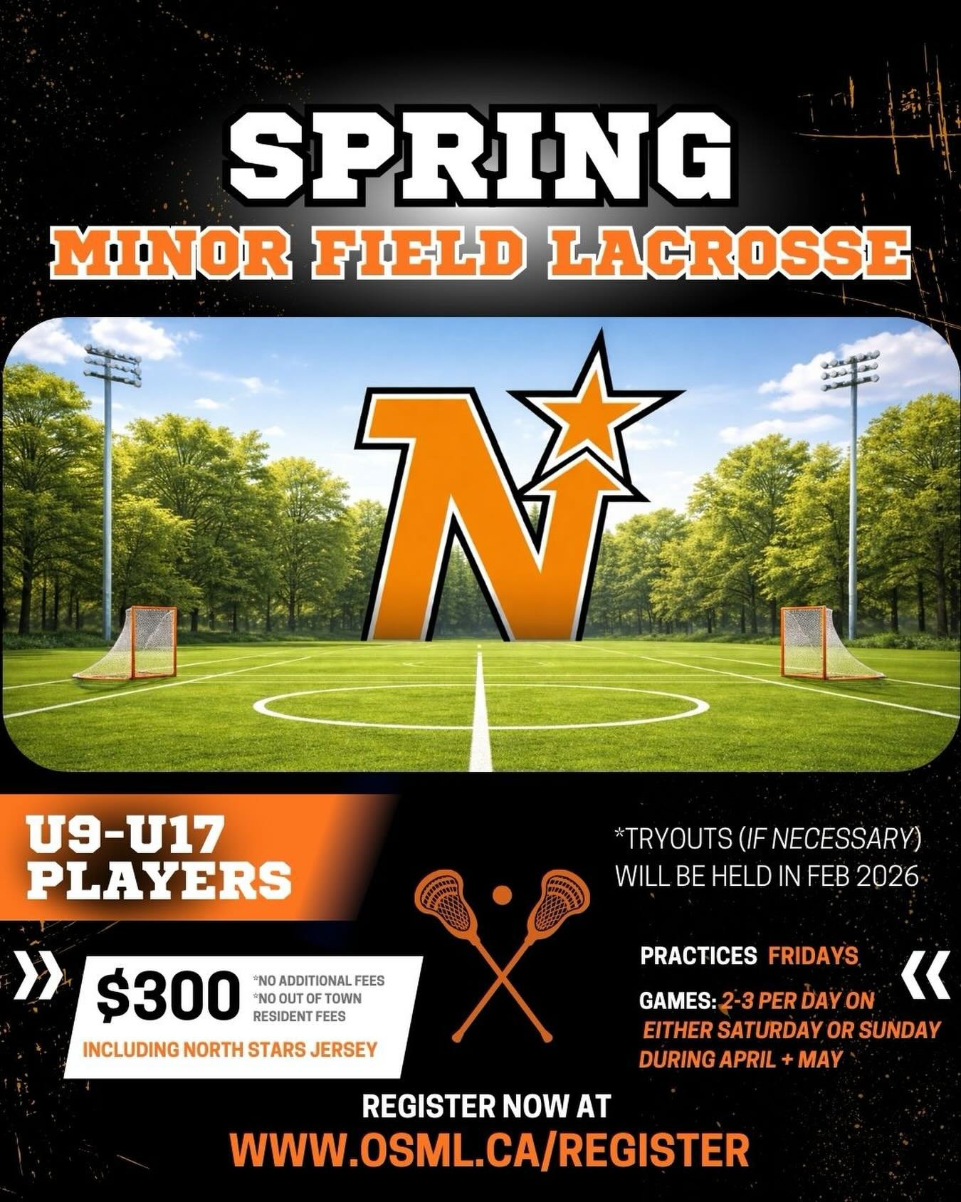 🥍⭐️ OSML Minor Spring Field Lacrosse &ndash; Registration Now Open! ⭐️🥍

Get ready for spring field lacrosse with Owen Sound Minor Lacrosse! Develop your skills in a fun, fast-paced, and competitive outdoor environment with the North Stars ⭐️

📅 S