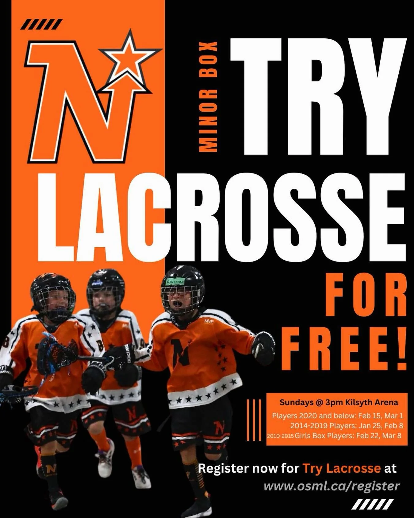 🥍 COME TRY LACROSSE &mdash; FOR FREE! 🥍
Ever wondered why lacrosse is 🇨🇦 Canada&rsquo;s National Summer Sport?
Now&rsquo;s your chance to find out!

⚡ Fastest game on two feet
🙌 Registered &amp; experienced players welcome to join (co-ed!)
👫 Br