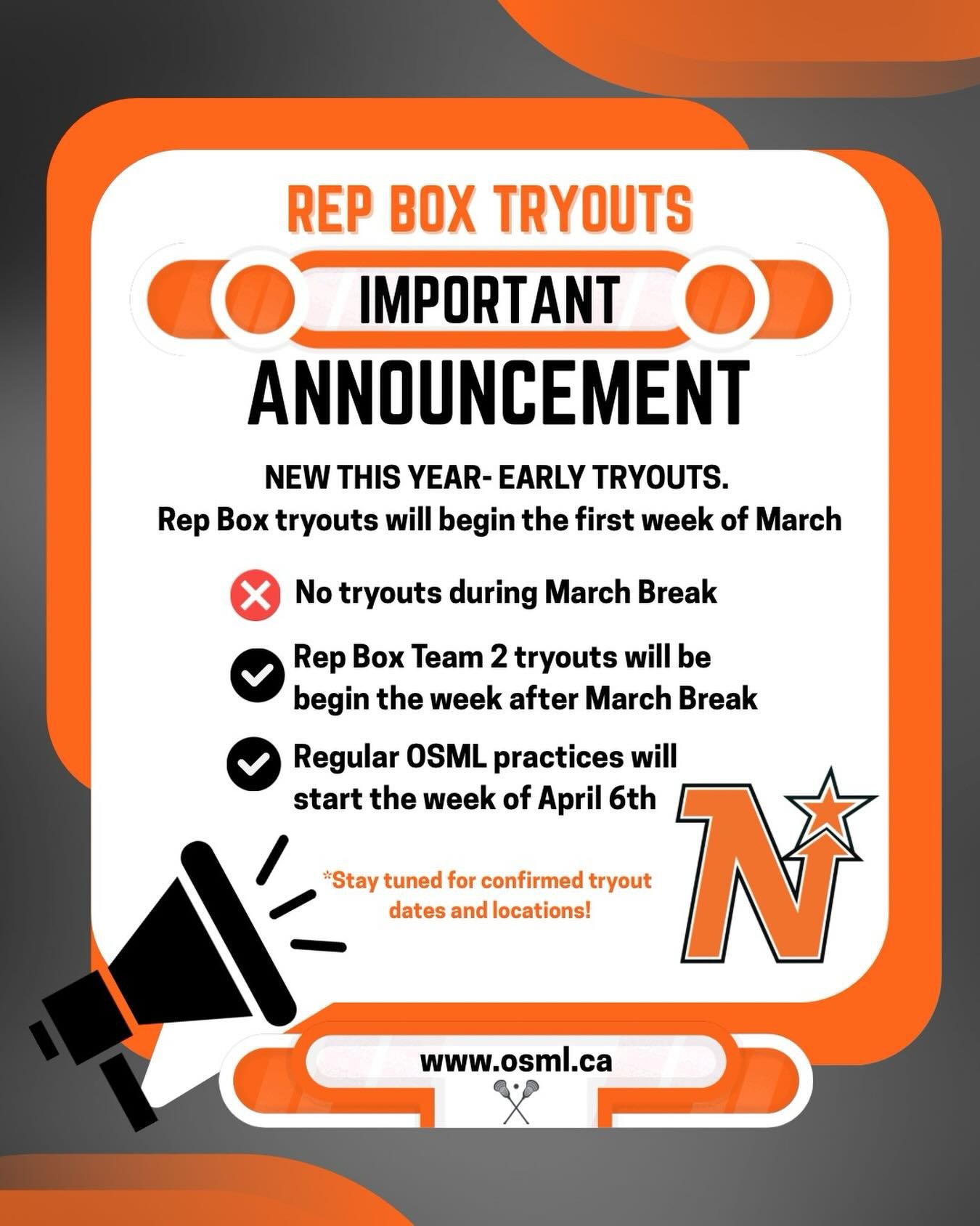 🚨 IMPORTANT TRYOUT UPDATE &ndash; REP BOX LACROSSE 

Rep Box tryouts will begin the first week of March 🥍
📅 Stay tuned &mdash; confirmed tryout dates coming soon!

📋 What to Expect:
&bull; All players trying out for Rep Box Lacrosse must attend t