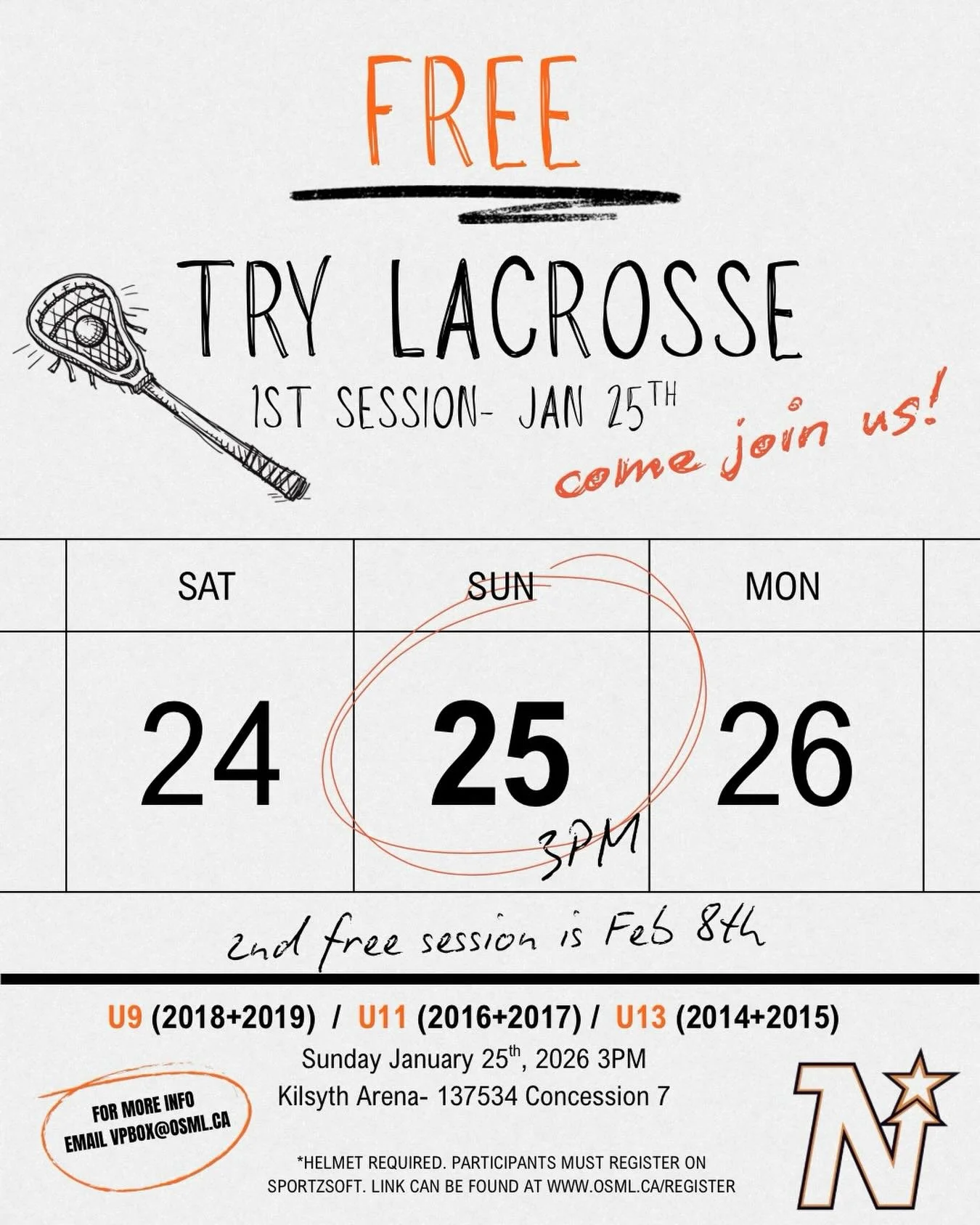 ⭐️🥍 FREE TRY LACROSSE &mdash; THIS SUNDAY! 🥍⭐️

Our first Minor Box FREE Try Lacrosse session is happening this Sunday, Jan 25 at 3PM at the Kilsyth Arena!

👦🧒 Ages: Kids born 2014&ndash;2019
✔️ No catch &mdash; just register and play
✔️ Helmet r