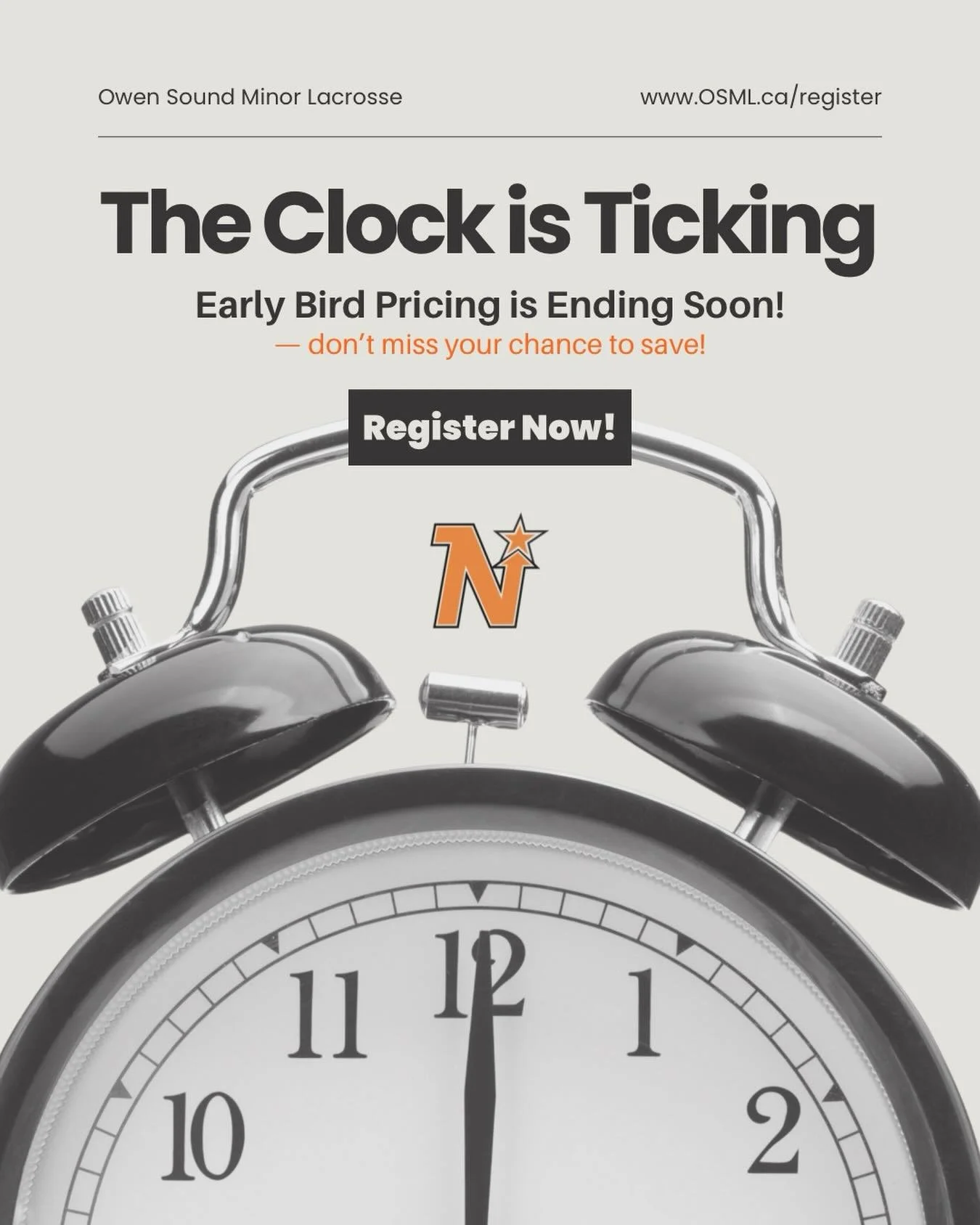 ⏰ Early bird pricing ends soon ⏰

Register for the 2026 lacrosse season by Feb 15th and save on your registration 🥍
Same great programs &mdash; just a better price if you register now!

👉 Register here: www.OSML.ca/register

#OSML #NorthStars #Earl