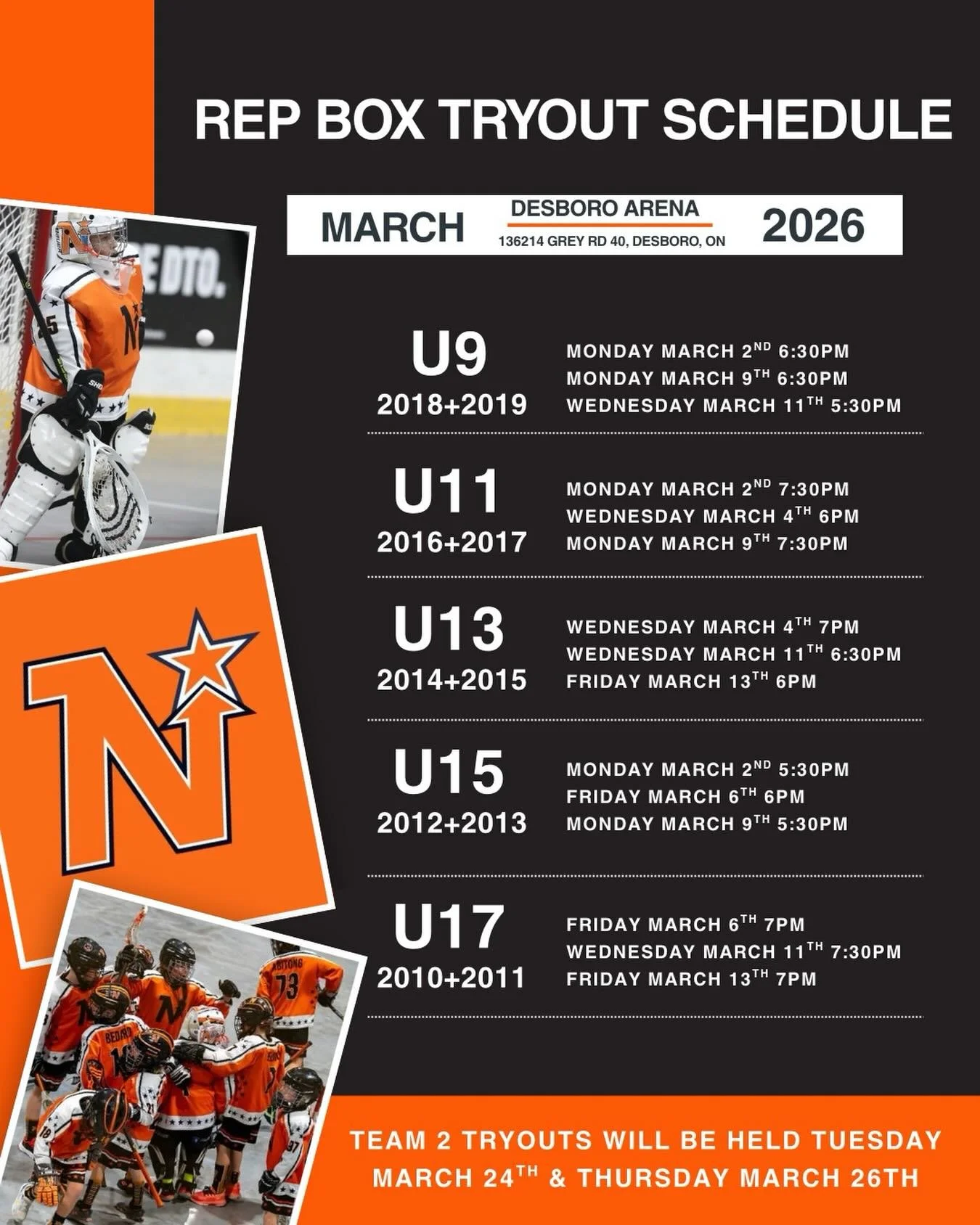 🚨 2026 REP BOX LACROSSE TRYOUT SCHEDULE 🚨

📍 All tryouts held at the Desboro Arena
🗓️ Starting March 2

🥍 Tryout Format
&bull; All players will begin by attending Team 1 tryouts
&bull; Players may be signed or released following each tryout
&bul