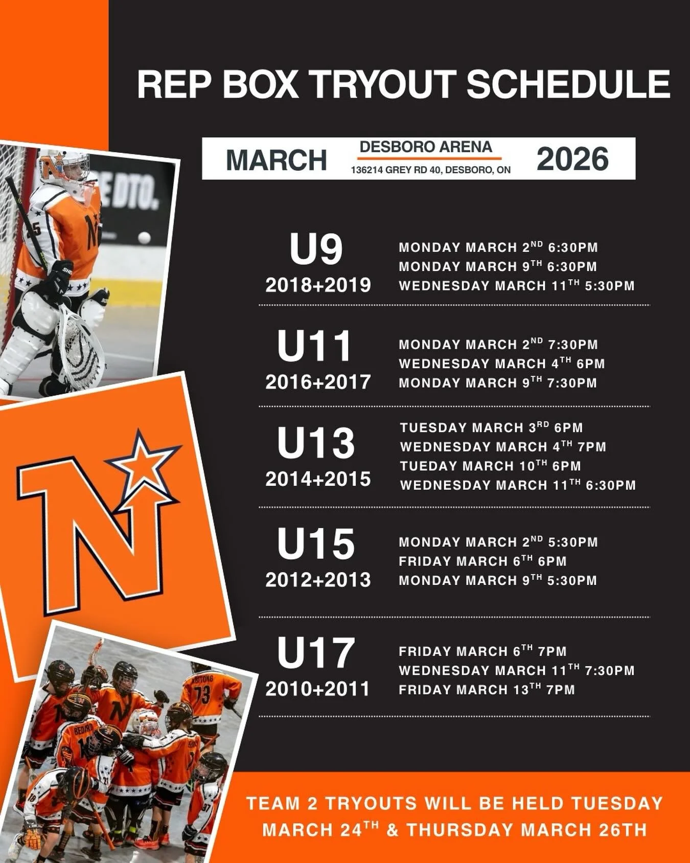 📣 U13 Rep Box Tryout Update 🥍

To better accommodate some of our players, we&rsquo;ve updated the U13 Rep Box tryout schedule and added Tuesday times.

Updated U13 Tryout Dates:
&bull; Tuesday, March 3 &ndash; 6:00 PM
&bull; Wednesday, March 4 &nda