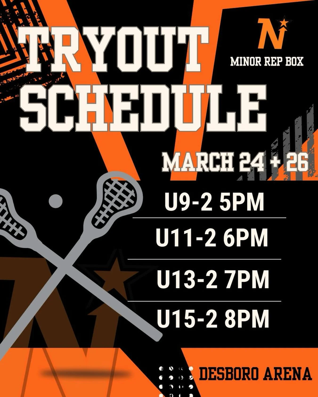 🥍 REP BOX TRYOUTS CONTINUE

March 24 &amp; 26 | Desboro Arena

Spots still available for:
🔥 U13-2 (2014 &amp; 2015)
🔥 U15-2 (2012 &amp; 2013)

Looking to compete in Rep Box Lacrosse this season?

📧 vpbox@osml.ca

#OSML #MinorRepBox #RepBox #BoxLa
