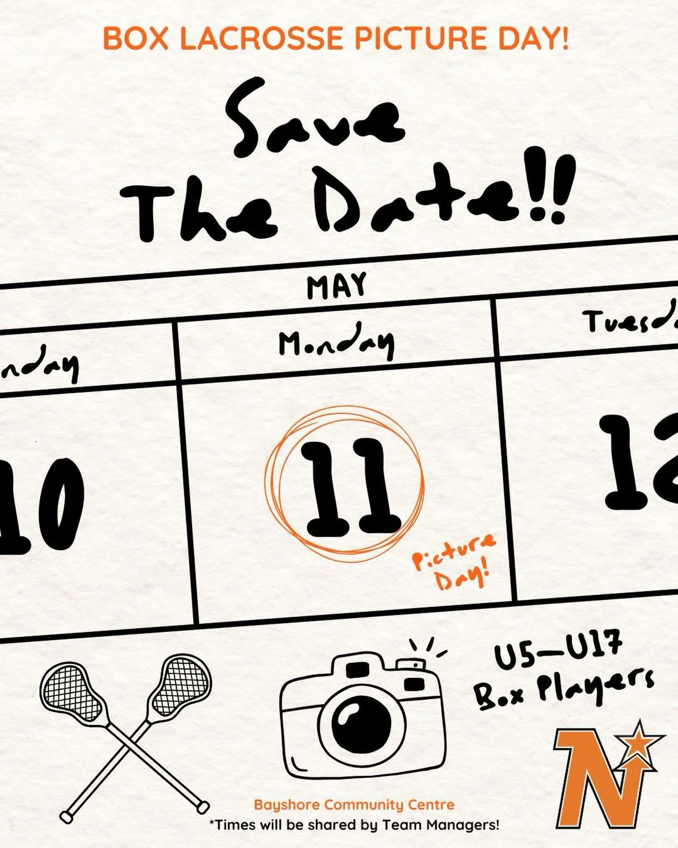 📸 BOX LACROSSE PICTURE DAY! 🥍

Save the date &mdash; Monday, May 11!
All U5&ndash;U17 box players will be getting their photos taken at the Bayshore Community Centre.

🕒 Times will be shared by team managers

Make sure players arrive on time, dres
