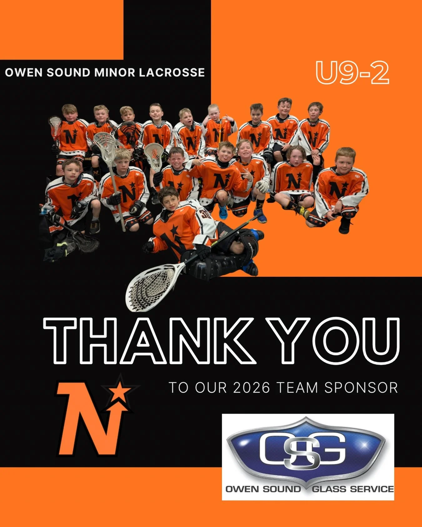 Thank you to Owen Sound Glass Service for sponsoring our 2026 U9-2 team! 🖤🥍🧡