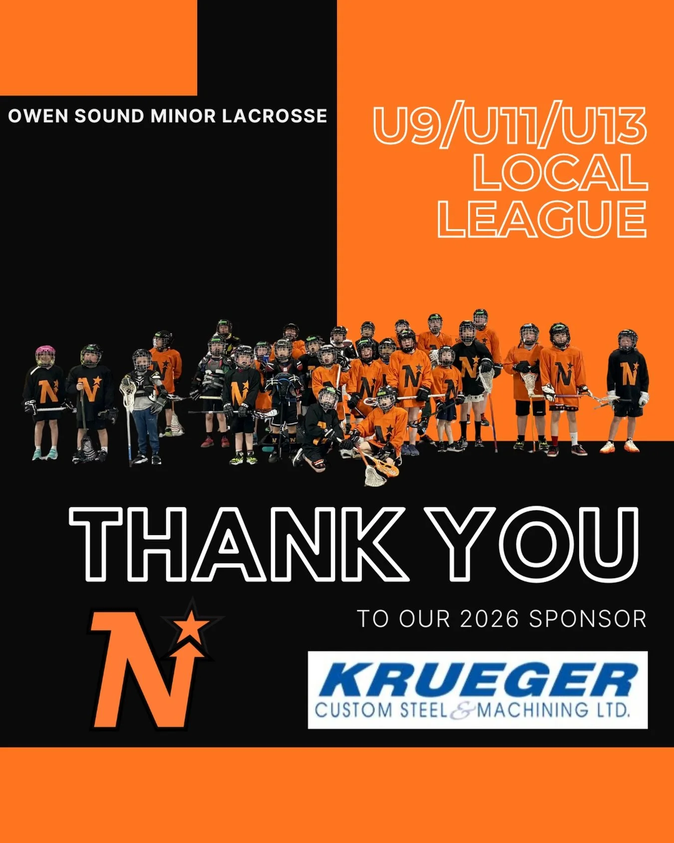 Our U9/U11/U13 local league wouldn't be possible without the support of our sponsor, Krueger Custom Steel &amp; Machining Ltd. 

Thank you for supporting the OSML local league! 🧡🙌🏻🖤