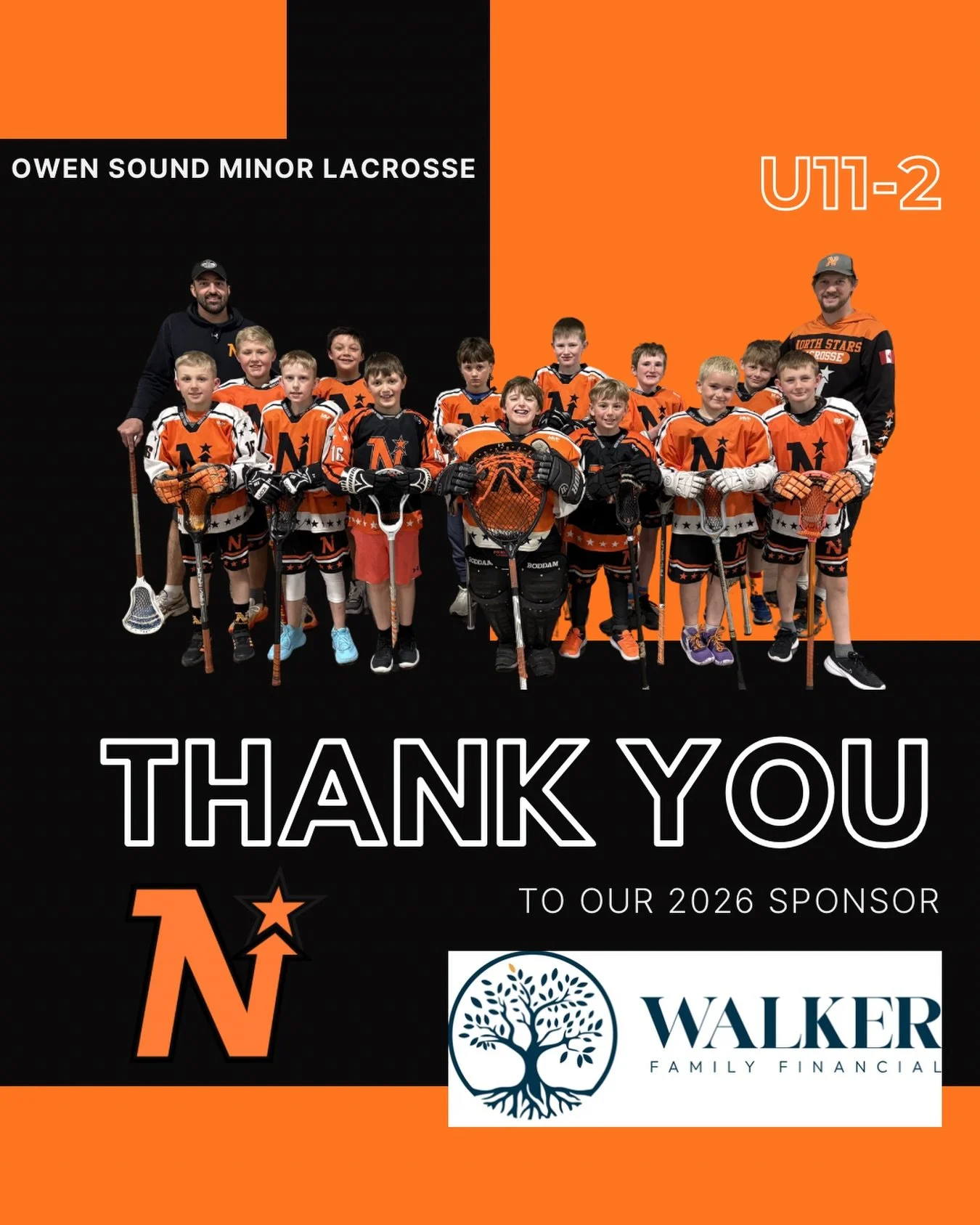BIG thanks to Walker Family Financial for sponsoring our 2026 U11-2 team this season! 🧡🥍🖤