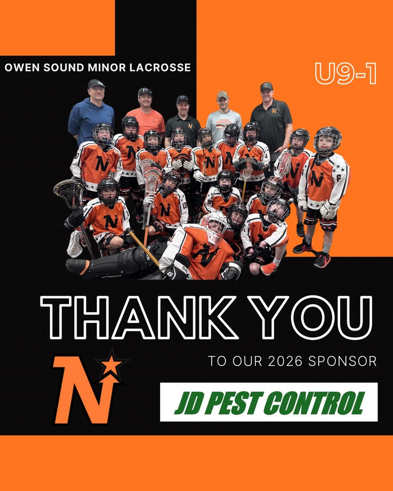THANK YOU to JD Pest Control for sponsoring our U9-1 team for the 2026 season! 🖤🧡🥍