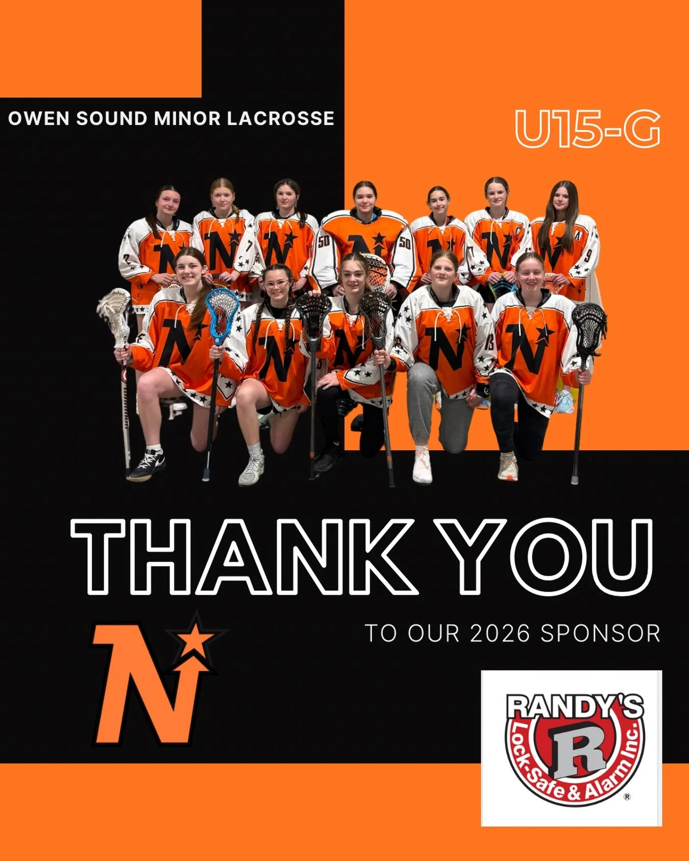 We would like to thank our 2026 U15 Girls Box team sponsor, Randy's Lock-Safe &amp; Alarm Inc.! 🧡🖤🙌🏻