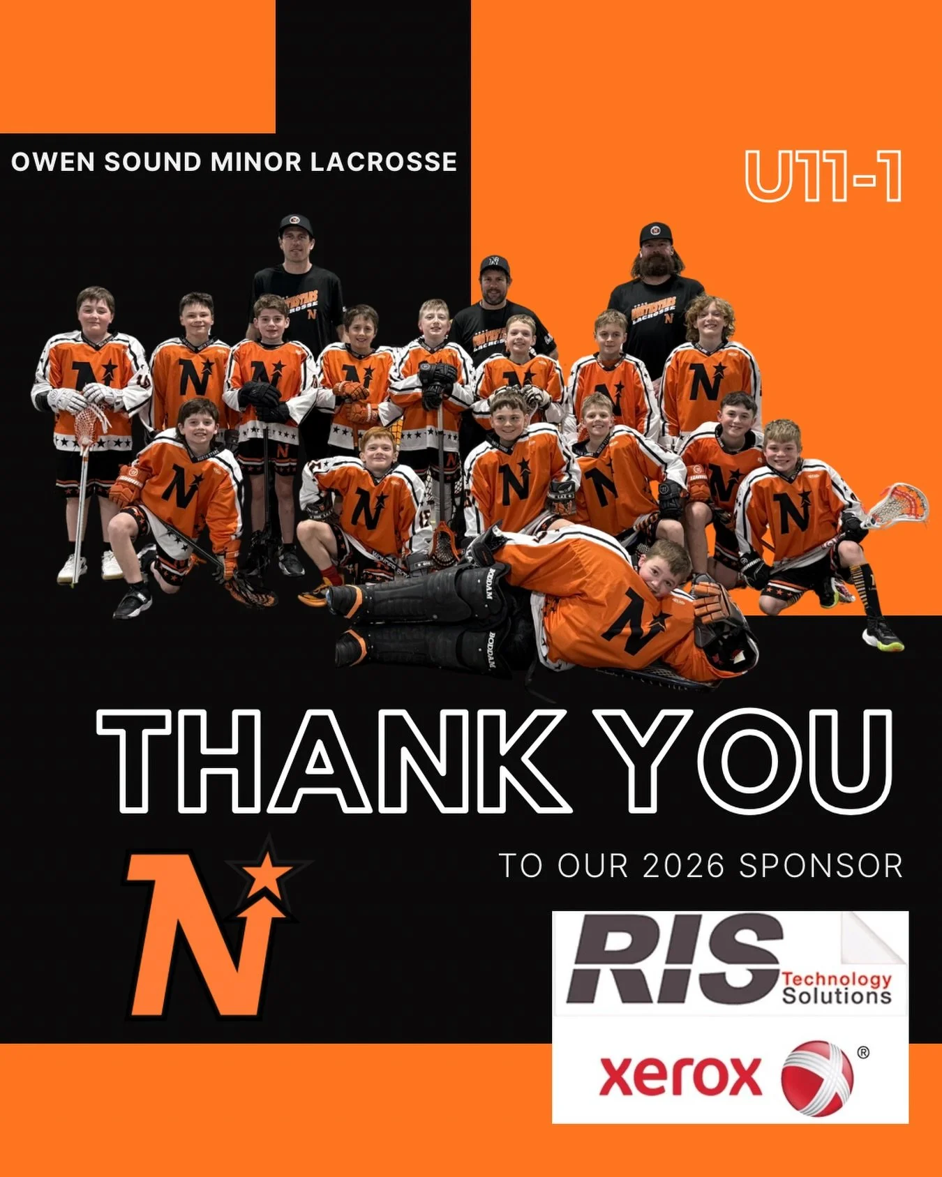 Our 2026 U11-1 team is proudly sponsored by RIS Technology Solutions! Thank you for supporting OSML! 🖤👍🧡
