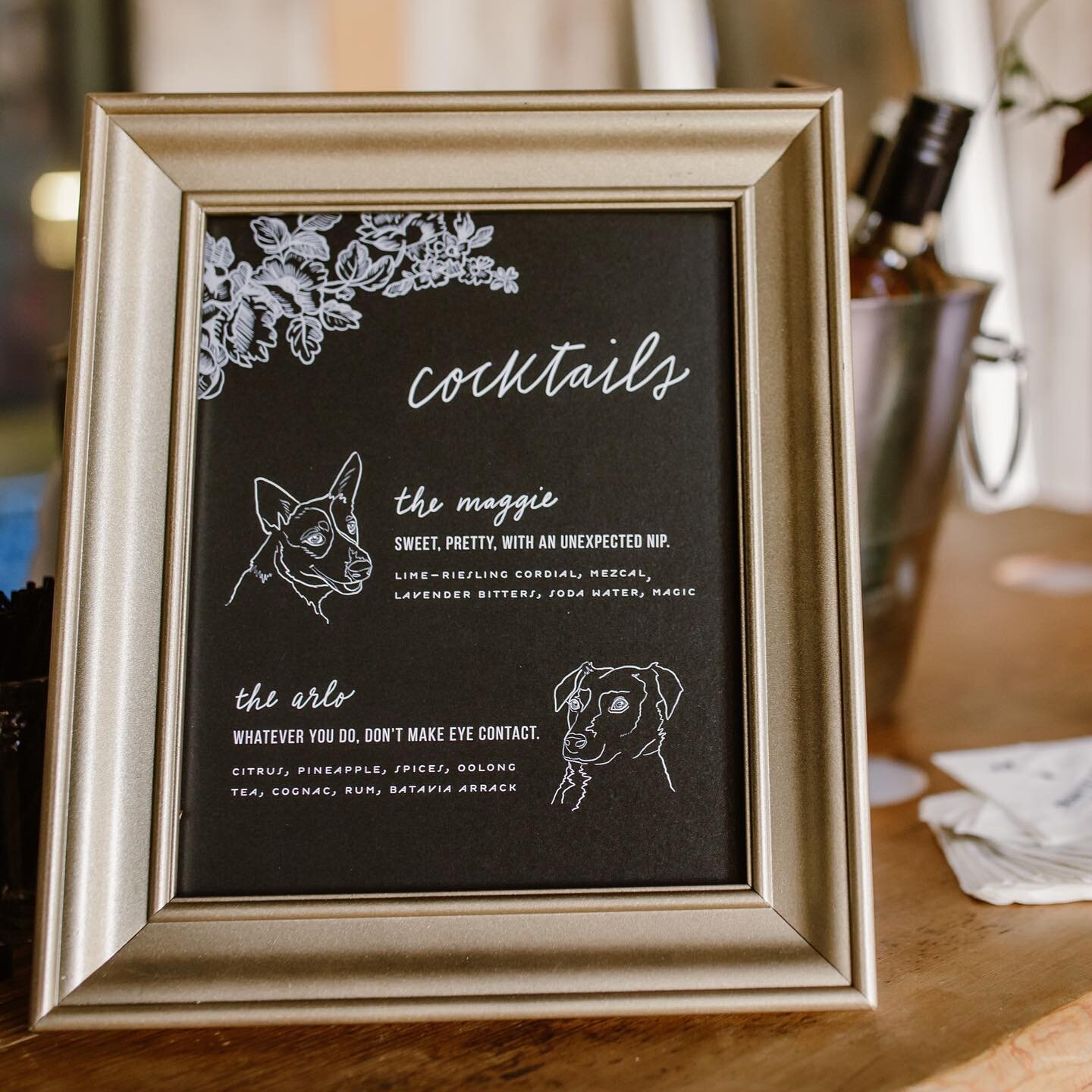 In (slightly belated) honor of national dog day and Saben and Molly&rsquo;s wedding anniversary, here&rsquo;s a shot of the custom cocktail menu I did for their reception. Their dogs, Arlo and Maggie, were the inspiration for the evening&rsquo;s cock