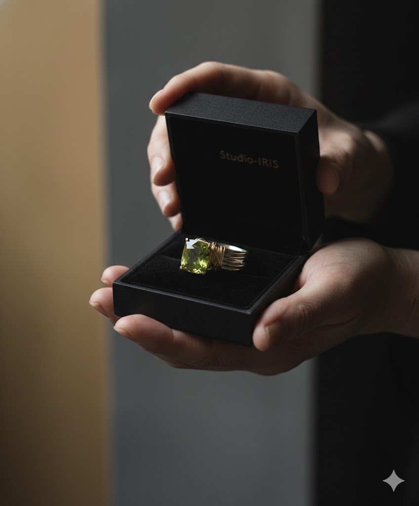 engagement ring tourmaline 14 kt gold custom. hands proposing