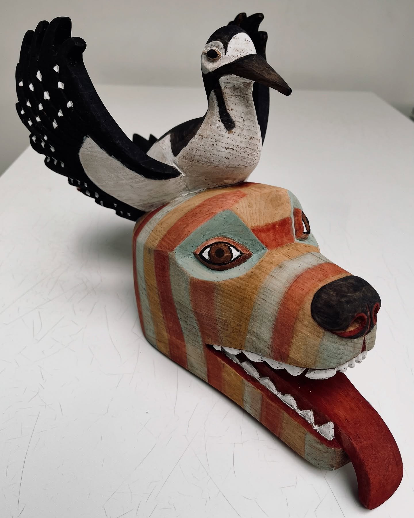 New mask! Hand carved in Quebec Yellow Pine #mask #masquerade #dog #woodpecker #woodcarving #sculpture