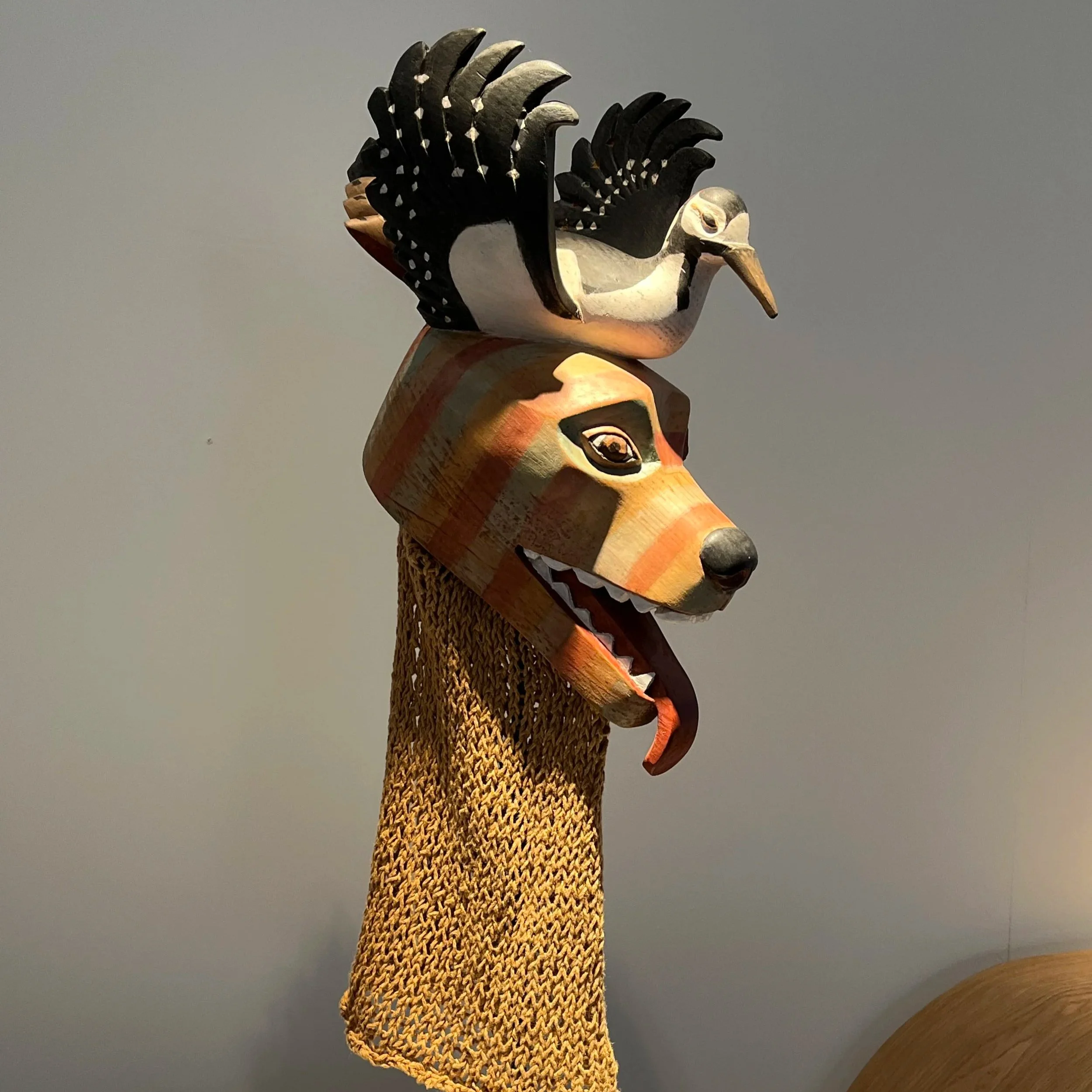 Dog and Woodpecker Mask displayed at Skilled. Seen. Exhibition, Oxford