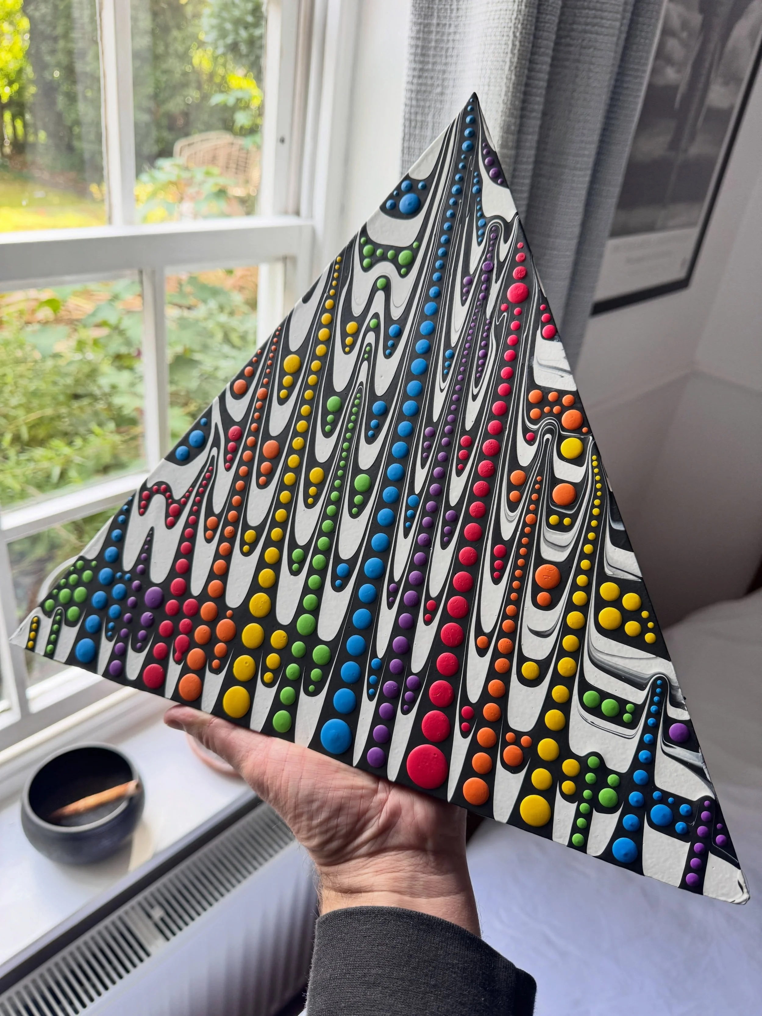 New on the website today.. 👀
&lsquo;Rainbow Dots&rsquo; - Acrylic poured and dotted on wooden triangle. 33 x 38cm.
Hanging bracket fitted and signed on back. 

Please inbox if interested 🙂 Always happy to listen to any offers from friends on here ❤