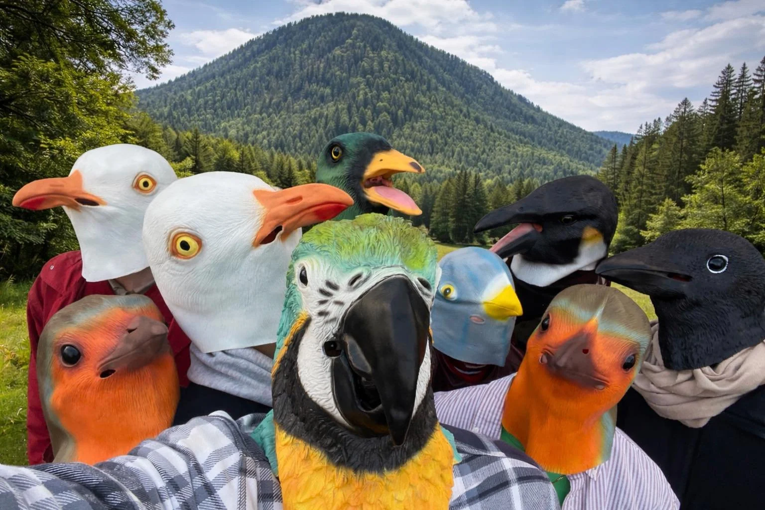 Groupe de personnes portant des masques de reptiles et d'oiseaux colorés en pleine nature avec des montagnes et des arbres en arrière-plan.
