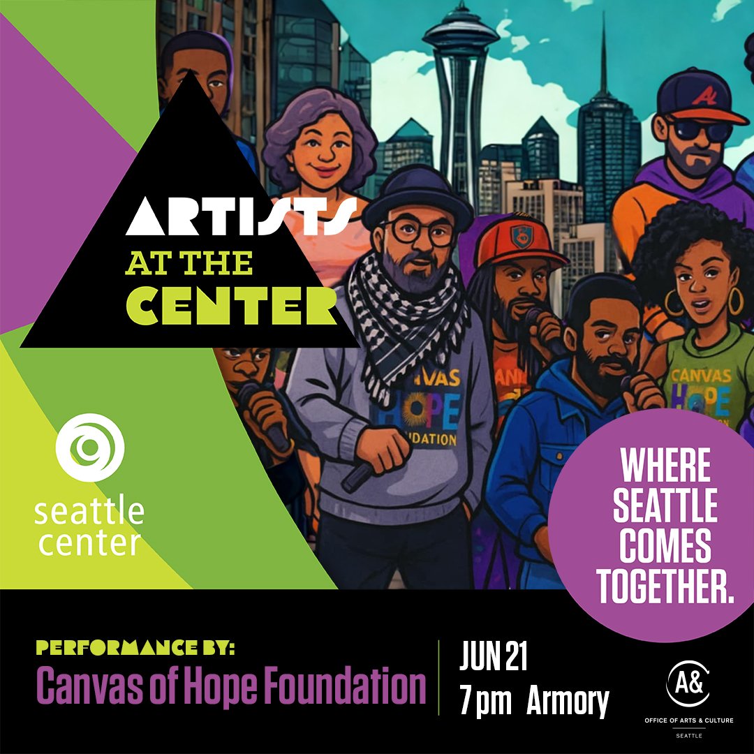 #ArtistsAtTheCenter is proud to present Beats &amp; Bars: A Seattle Hip-Hop Pop-Up Experience
Saturday June 21 at 7pm, Armory.  Free.
Presented by @canvasofhopefoundation, Beats &amp; Bars is a high-energy celebration of music, dance, fashion, and sp