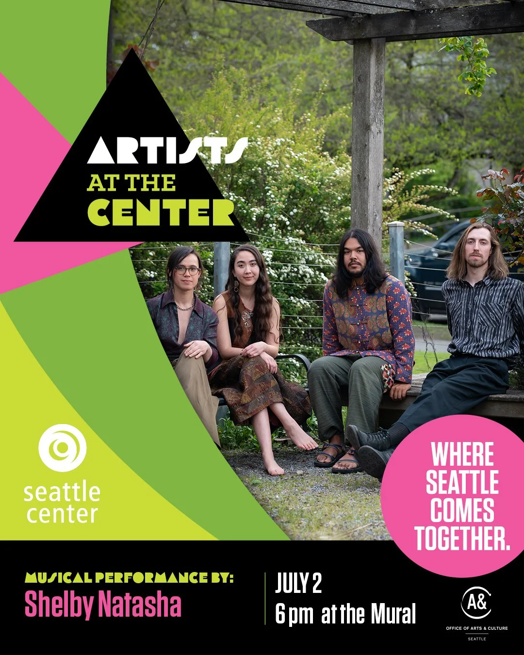 This evening, #ArtistsattheCenter presents: Shelby Natasha
July 2, 2026, 6pm Mural Amphitheatre at Seattle Center, Free

Join the musical artists for Shelby Natasha Live Album Recording.  Chinese folk meets RnB and LoFi. A sonic letter to both cultur