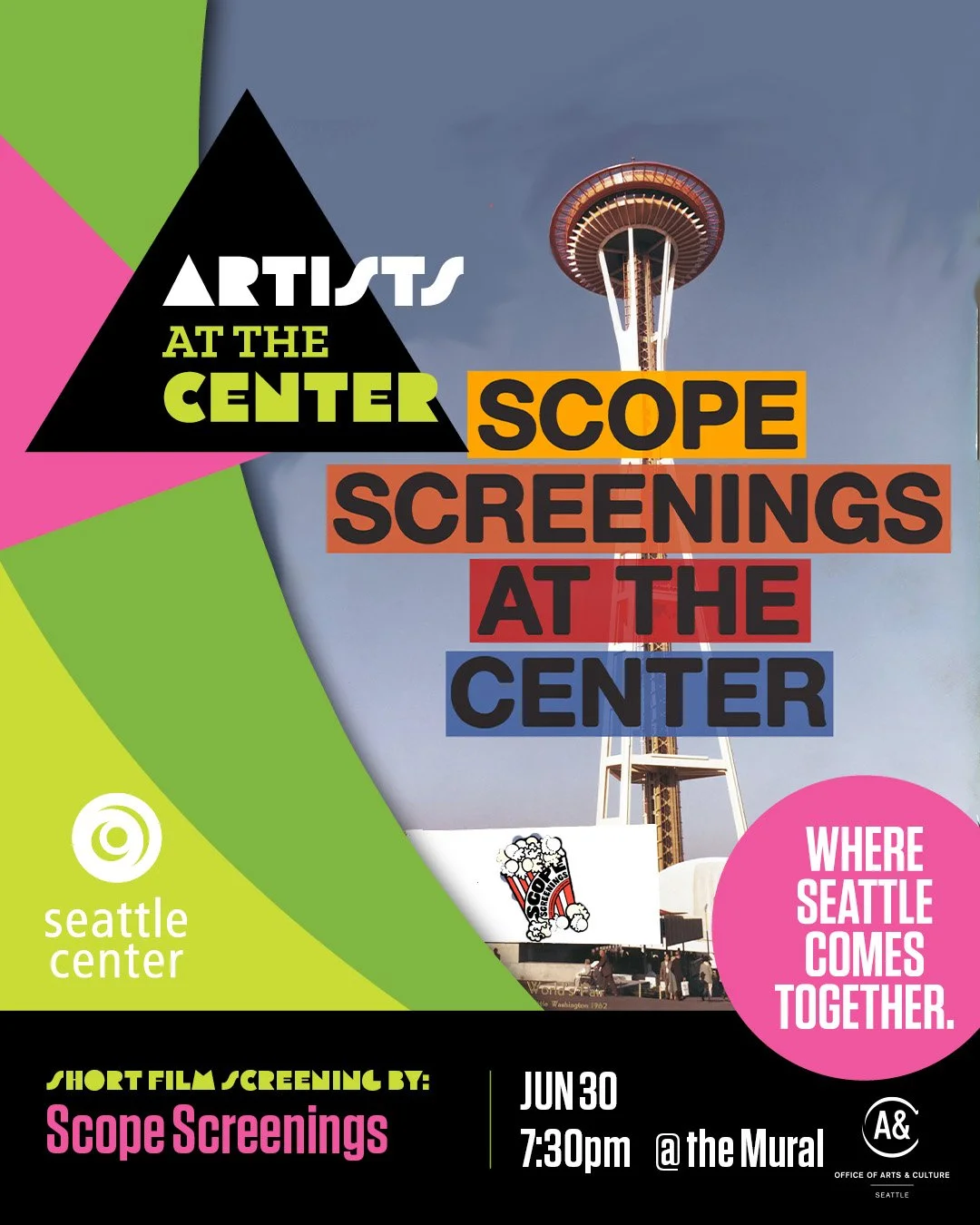 #ArtistsAtTheCenter hosts Scope Screenings Tuesday June 30, 2026 at 7:30pm, Mural Amphitheatre at Seattle Center. Free

Gather your people and meet us at Seattle Center&rsquo;s Mural Amphitheatre for a free outdoor @scopescreenings event featuring a 